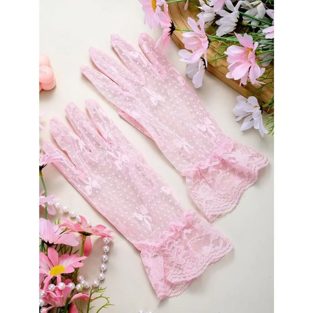 Women's Elegant Dress Up Lace Gloves Light Pink Halloween Wedding Parties Prom